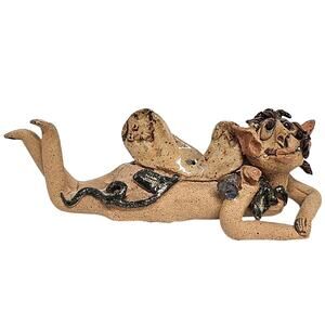 Handcrafted Studio Art Whimsical Ceramic Clay Reclining Fairy Figurine 6.5" Tall